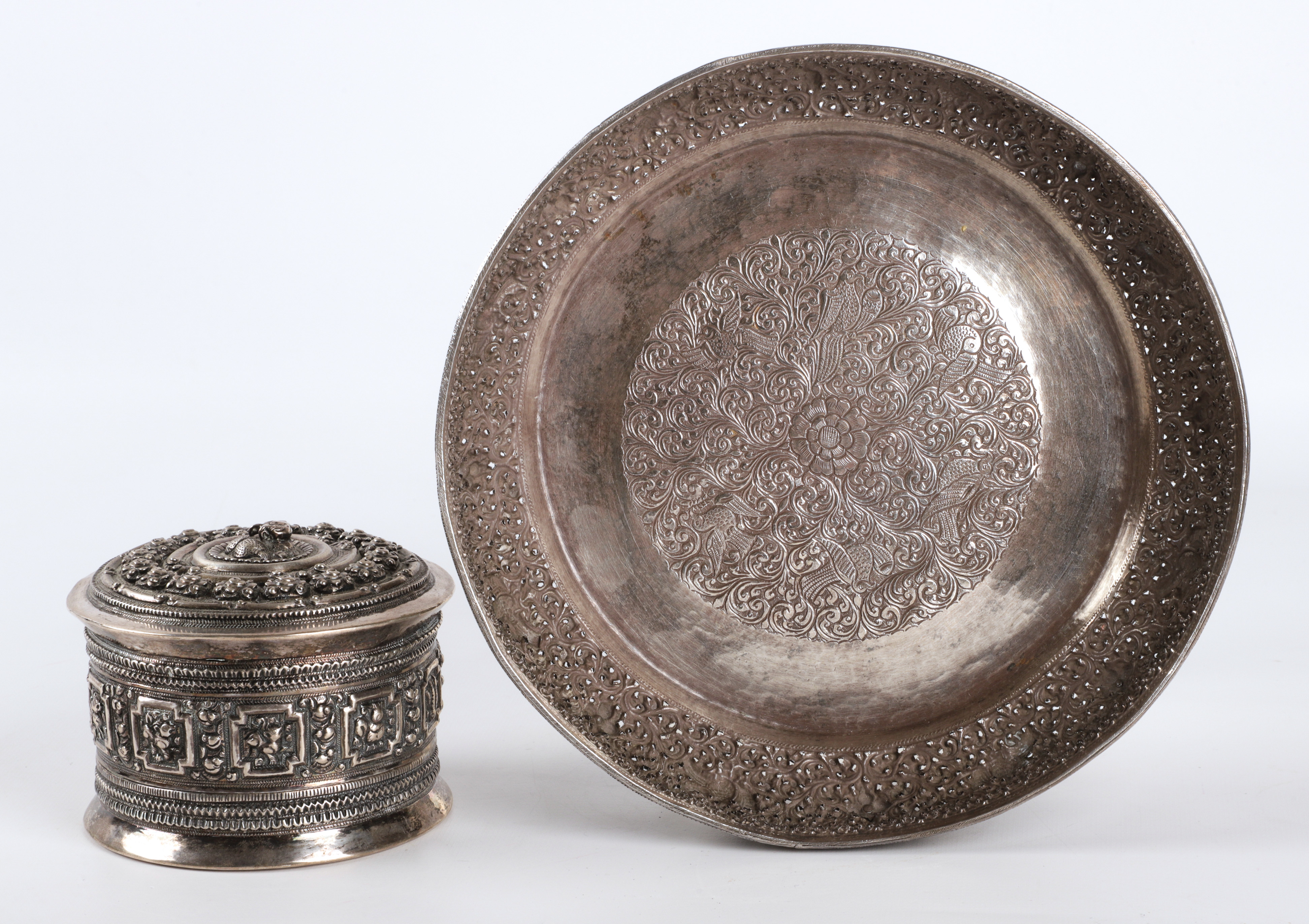 Silver tone metal betel box and bowl,