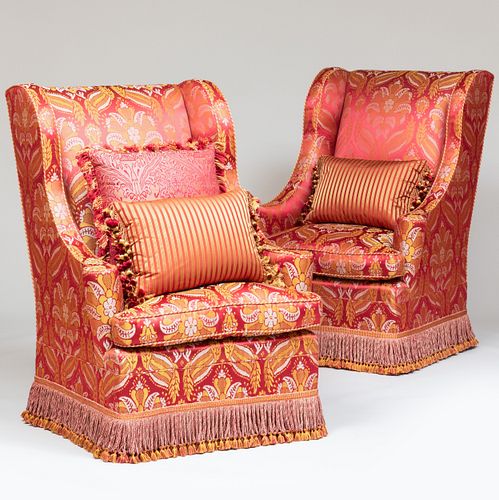 PAIR OF DAMASK UPHOLSTERED WING