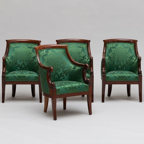 SET OF FOUR EMPIRE CARVED MAHOGANY FAUTEUILS