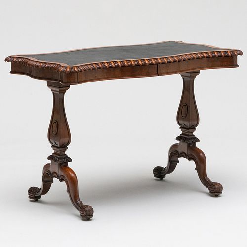 VICTORIAN CARVED WALNUT AND LEATHER