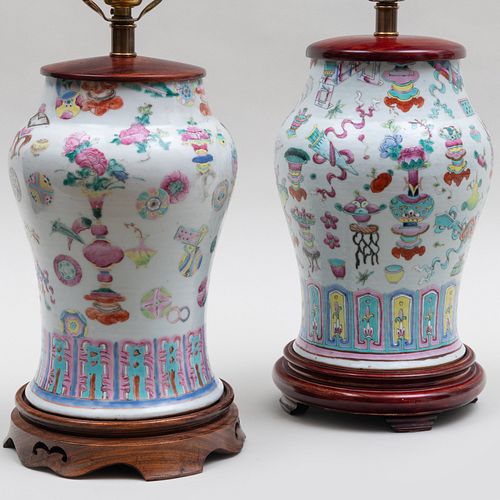 TWO CHINESE FAMILLE ROSE VASES NOW MOUNTED