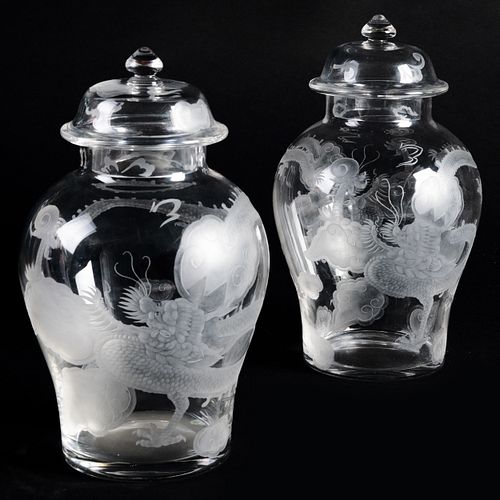 PAIR OF GLASS JARS AND COVERS ETCHED