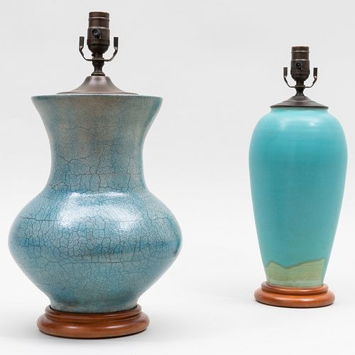TWO BLUE GLAZED VASES MOUNTED AS