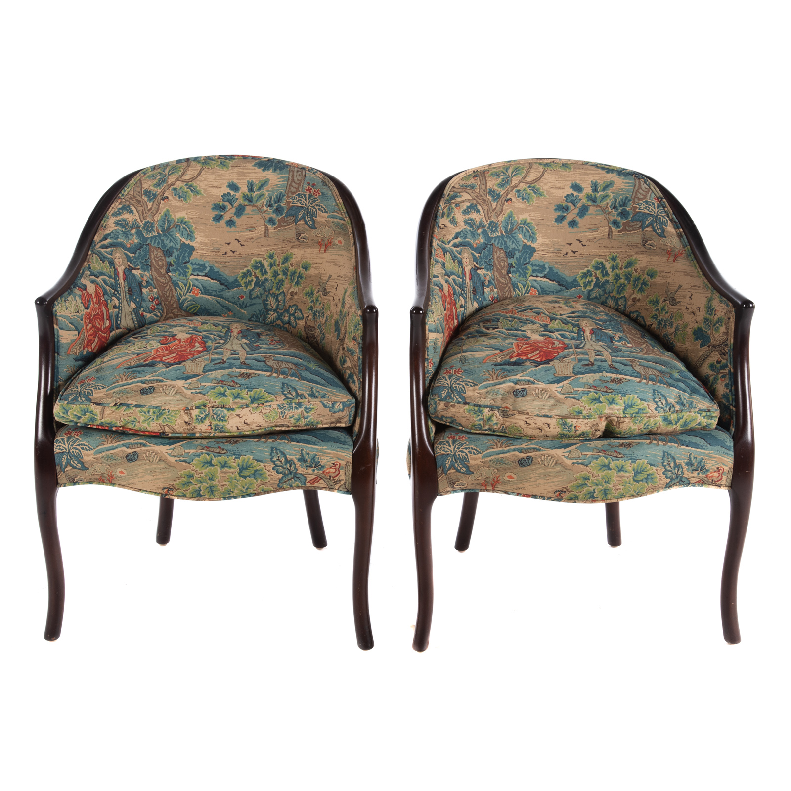 A PAIR OF UPHOLSTERED TUB CHAIRS