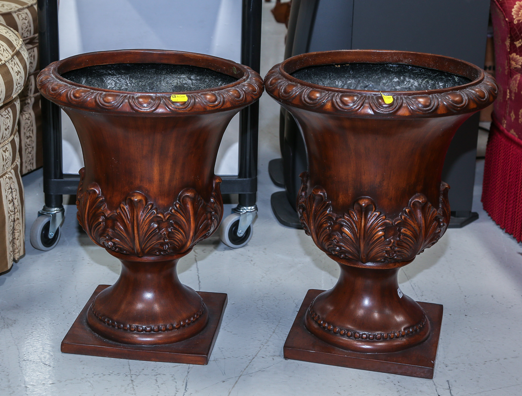 TWO DECORATIVE FIBERGLASS URNS