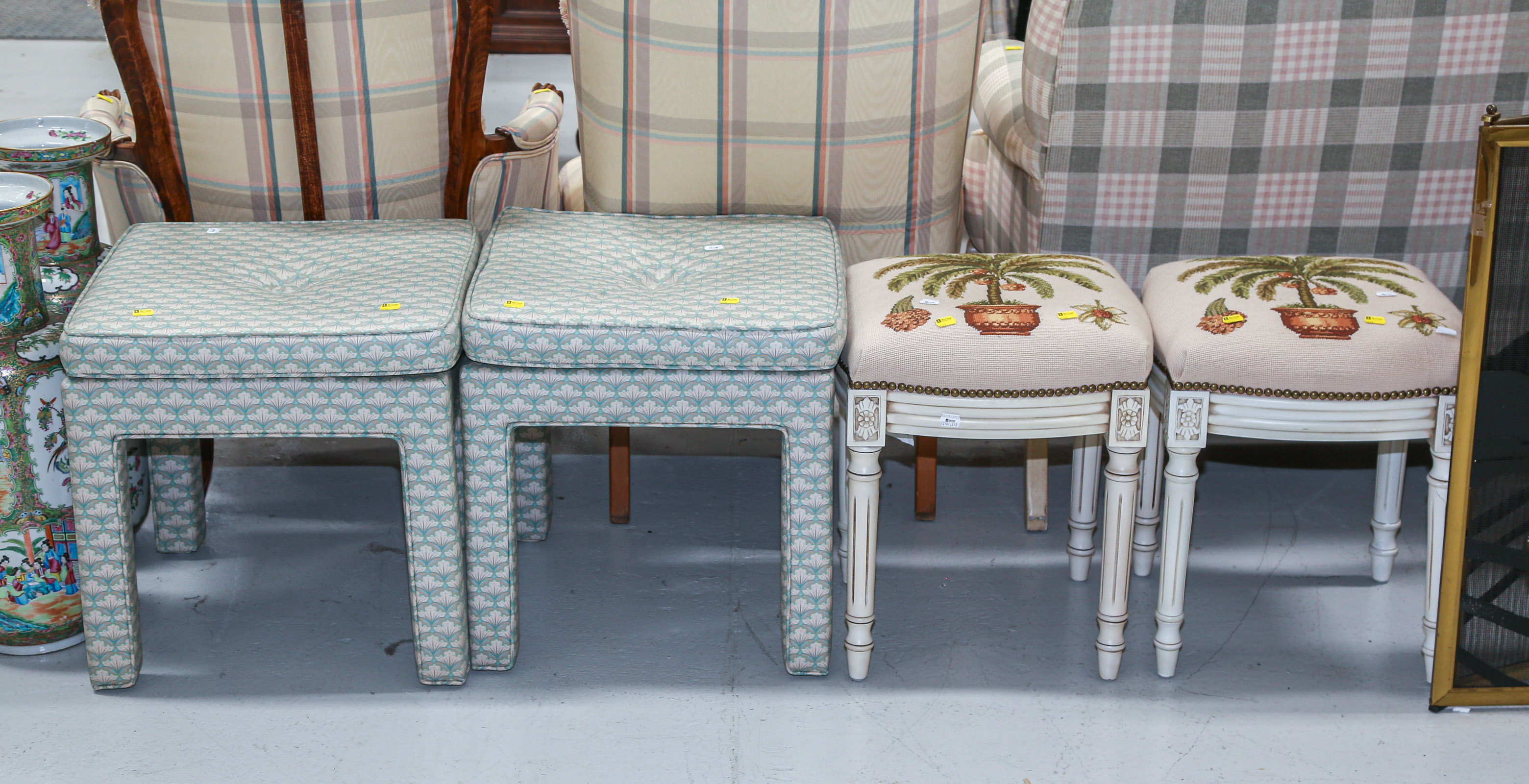 TWO PAIRS OF UPHOLSTERED STOOLS