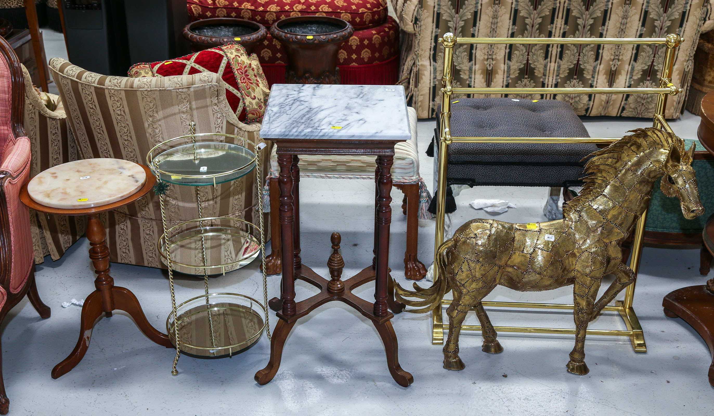 THREE SIDE TABLES, HORSE SCULPTURE