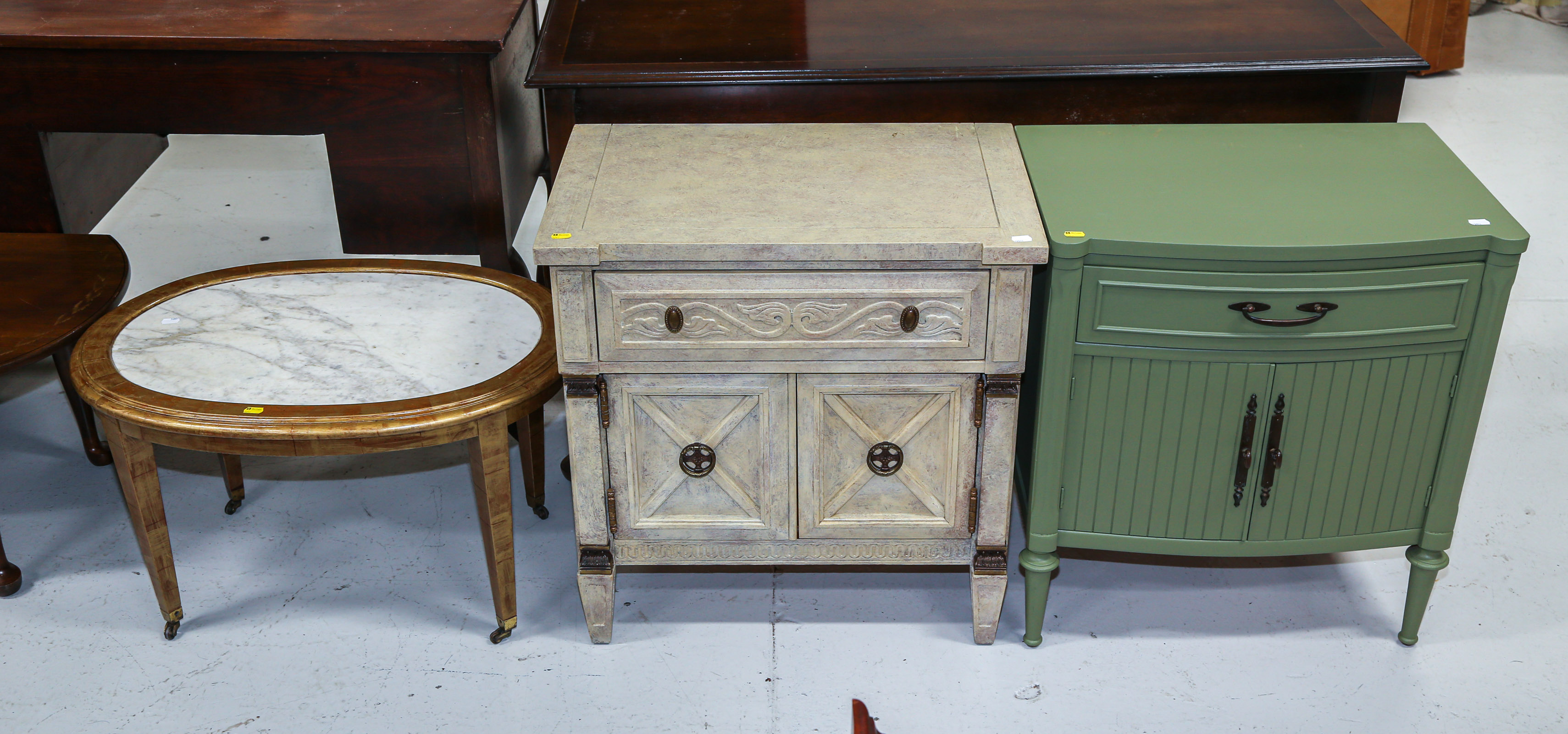 TWO PAINTED LOW CABINETS & MARBLE