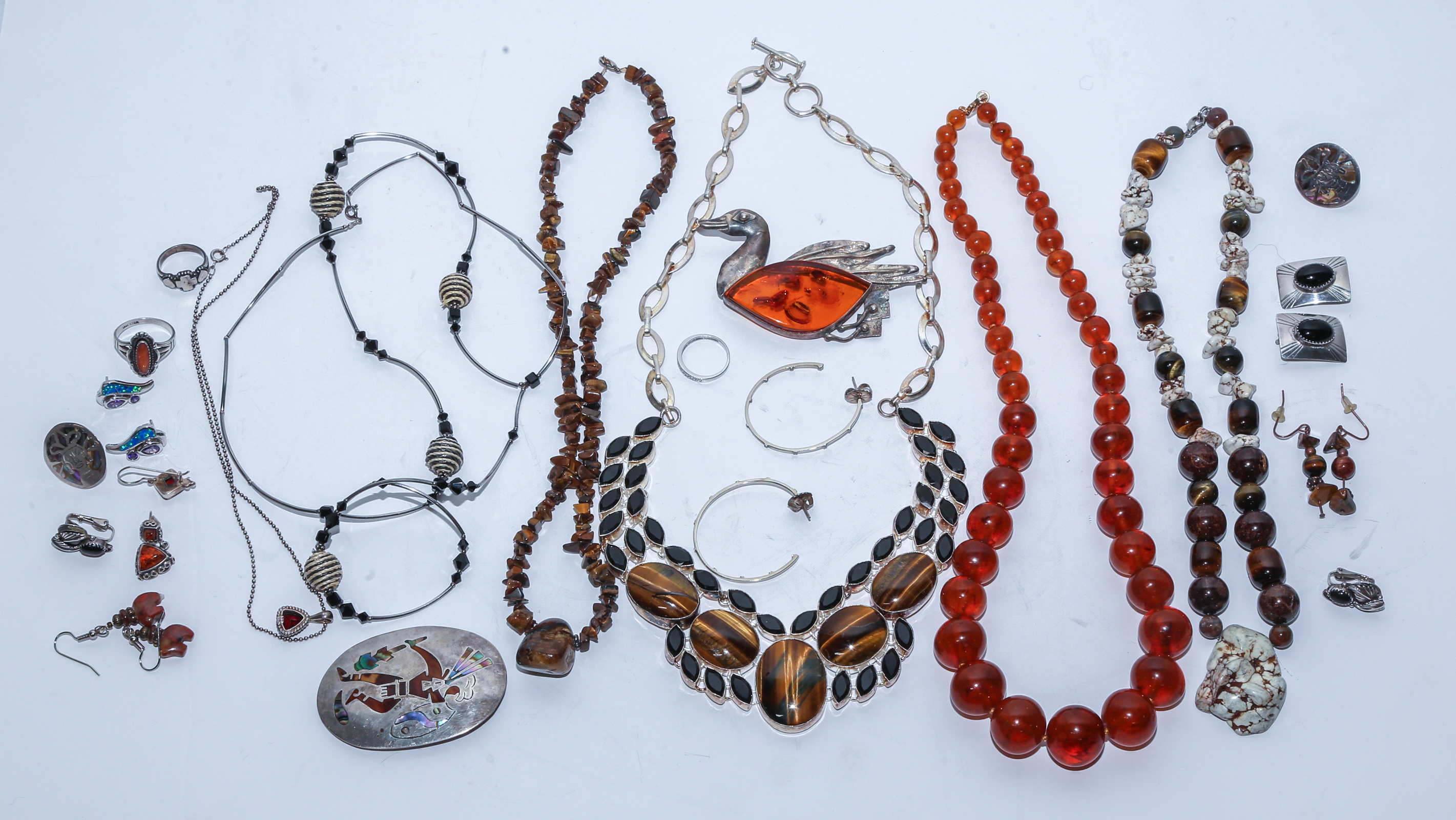 GROUP OF AMBER & STONE STERLING
