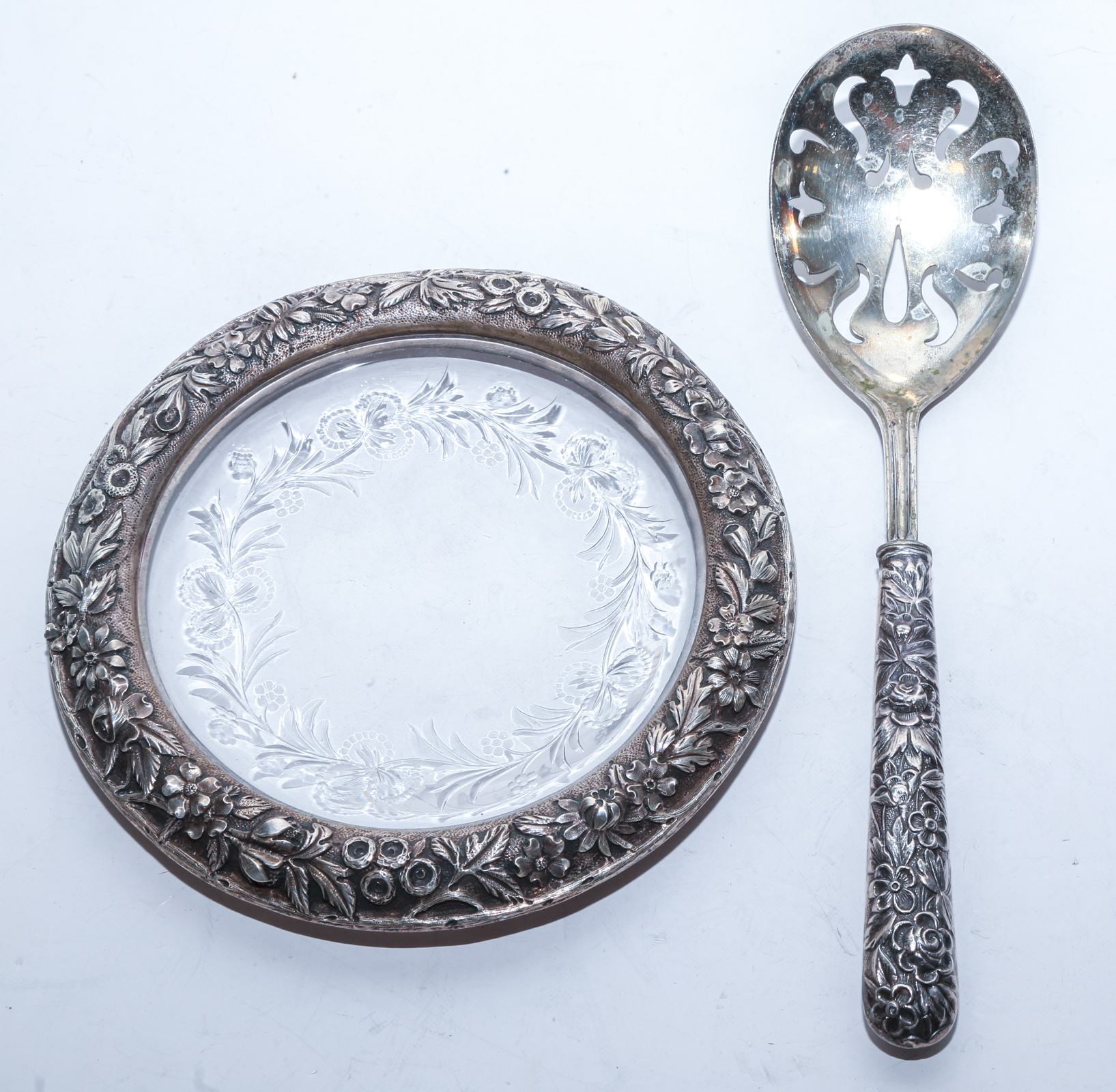 TWO STERLING REPOUSSE TABLE ITEMS 3cb49a