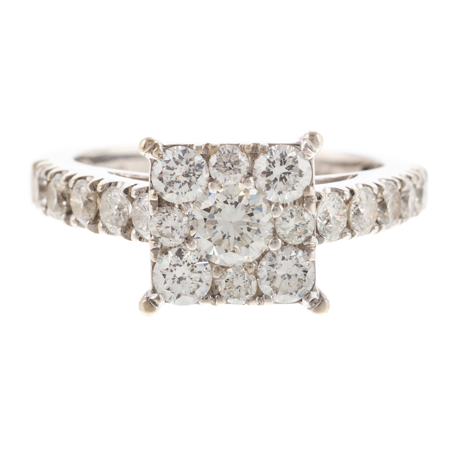 A SQUARE TOP DIAMOND CLUSTER RING