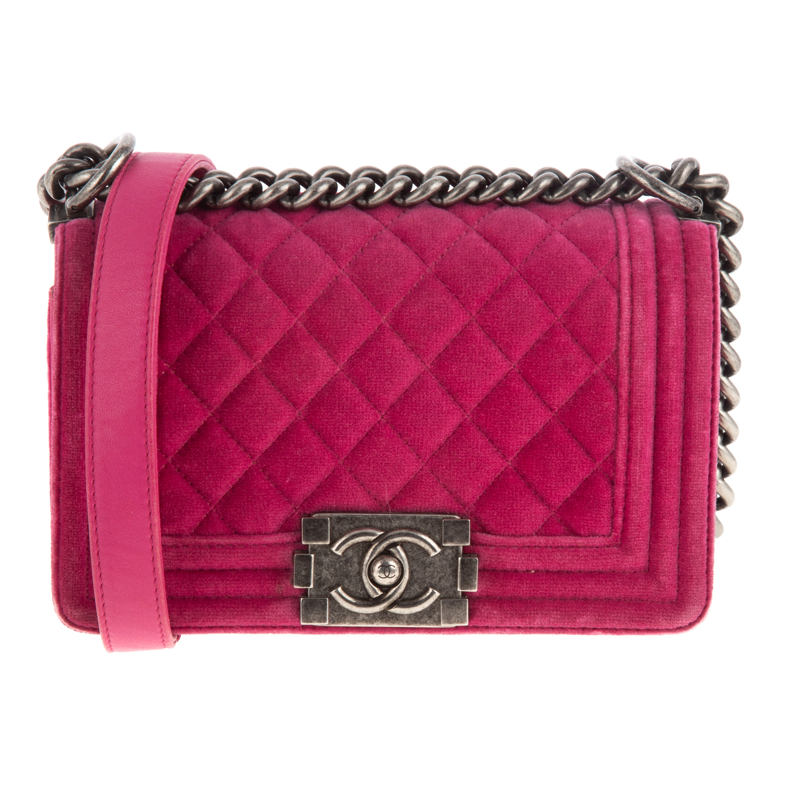 A CHANEL SMALL BOY BAG A pink velvet