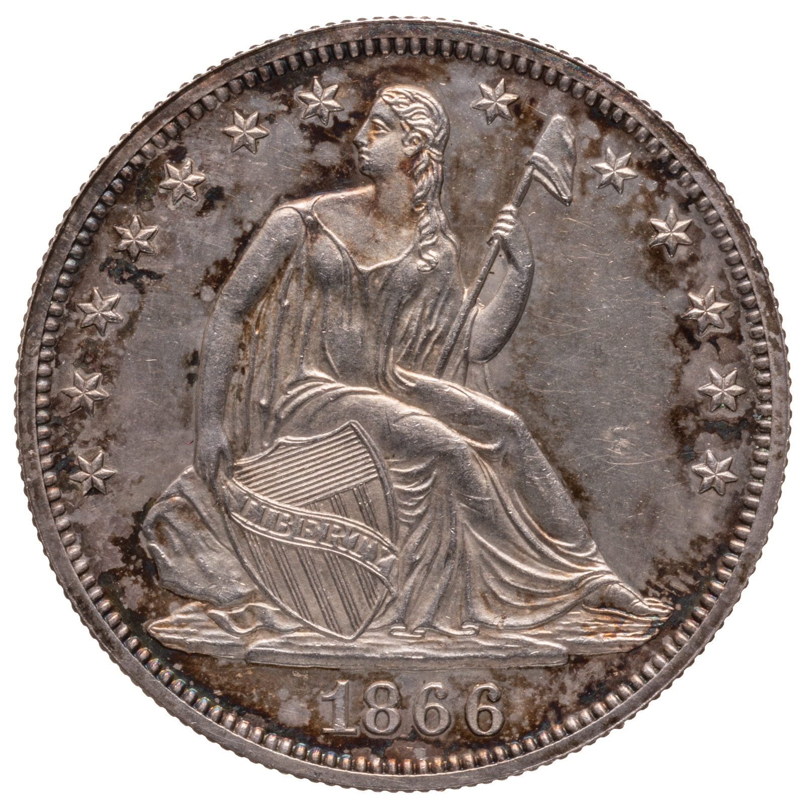 1866 SEATED HALF DOLLAR WITH MOTTO,