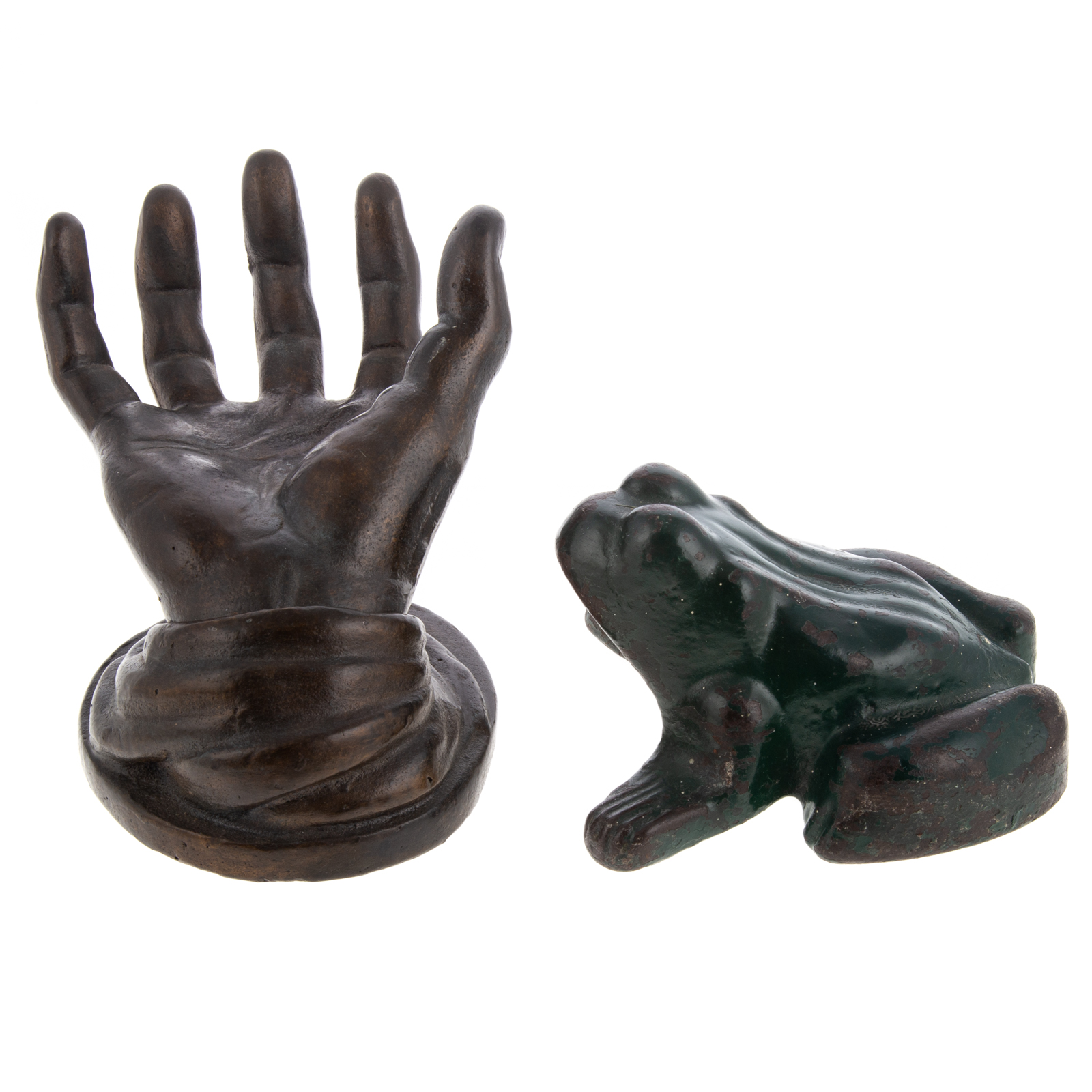 CAST IRON FROG DOORSTOP & BRONZE HAND