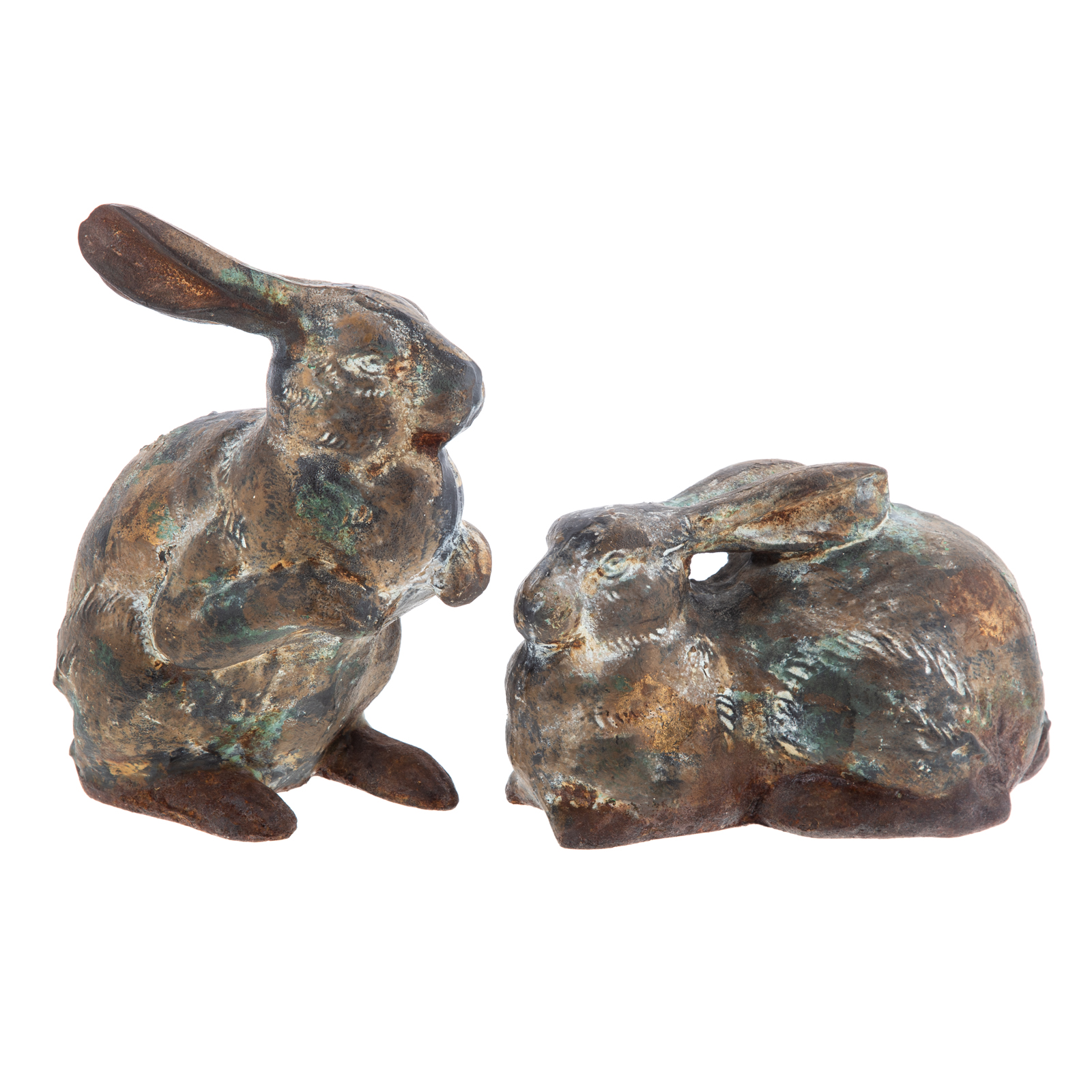 A PAIR OF JAPANESE CAST IRON RABBITS