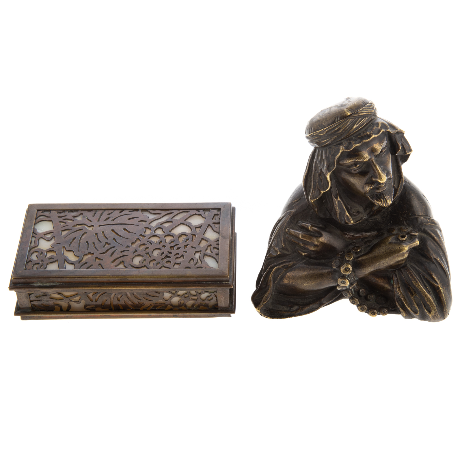 ARAB BRONZE INKWELL & TIFFANY DESK BOX