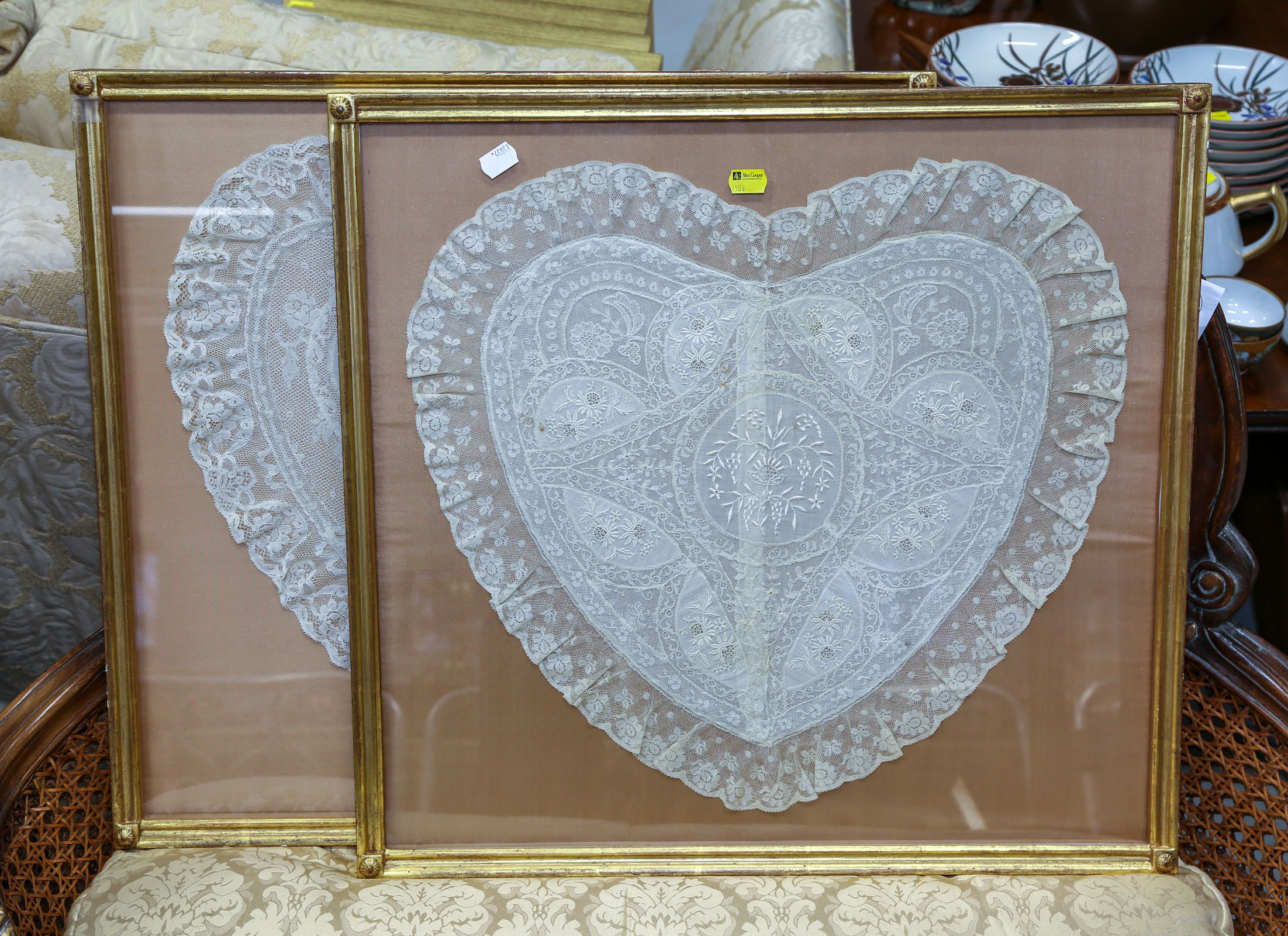 A NEAR PAIR OF FRAMED EMBROIDERED 3cb8f2