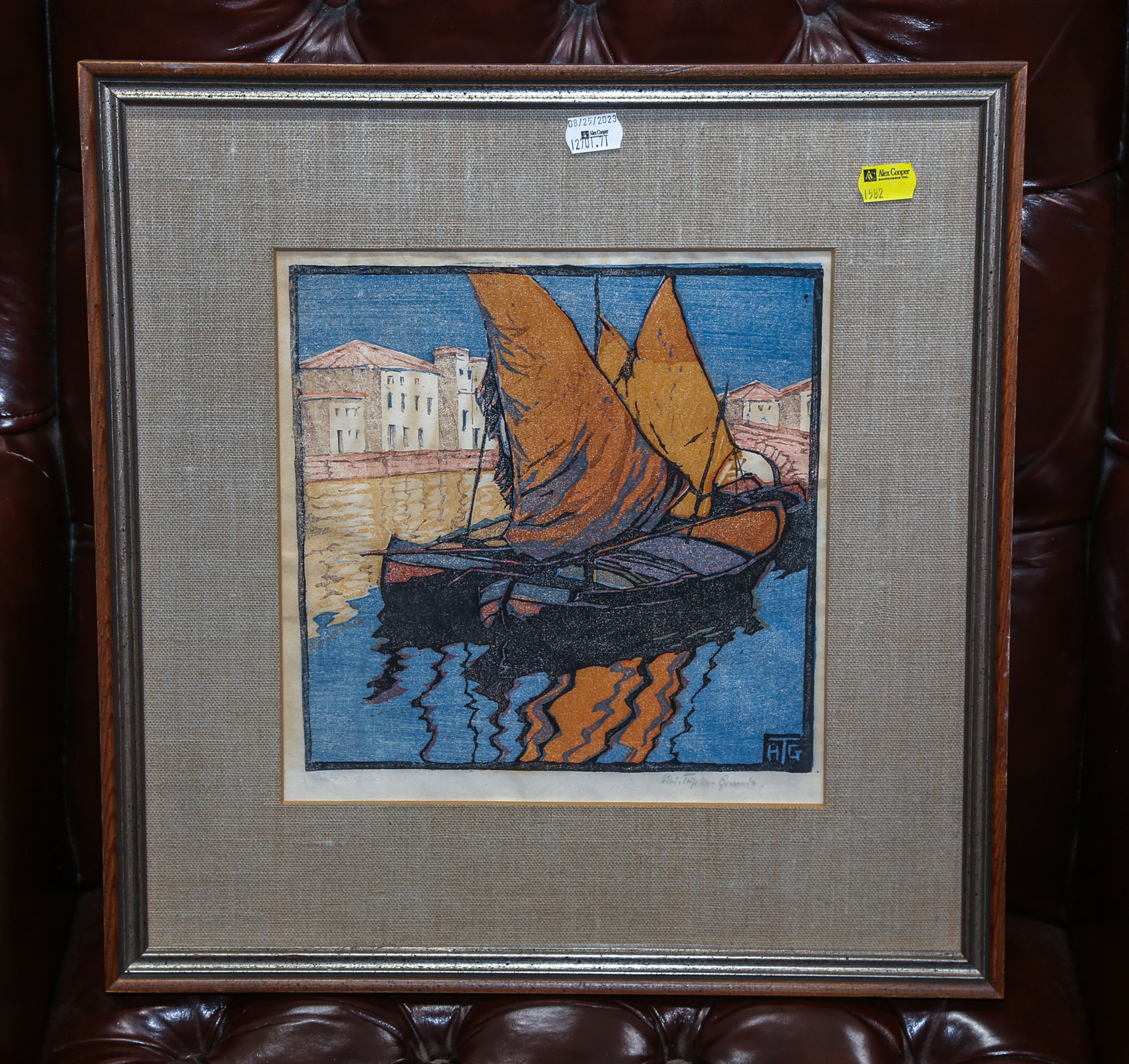 COLOR WOODCUT PRINT OF BOATS IN 3cb93c