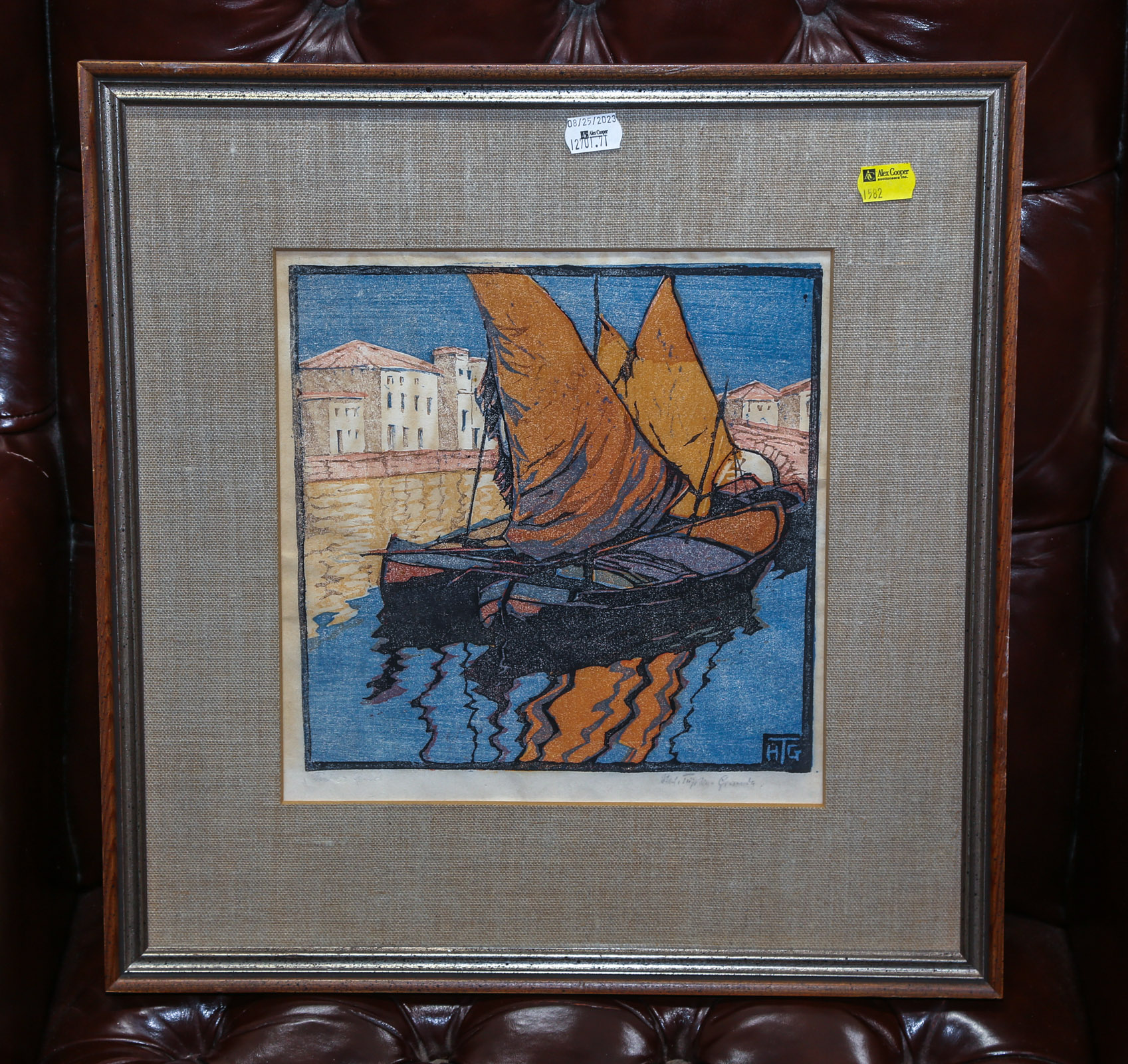 COLOR WOODCUT PRINT OF BOATS IN