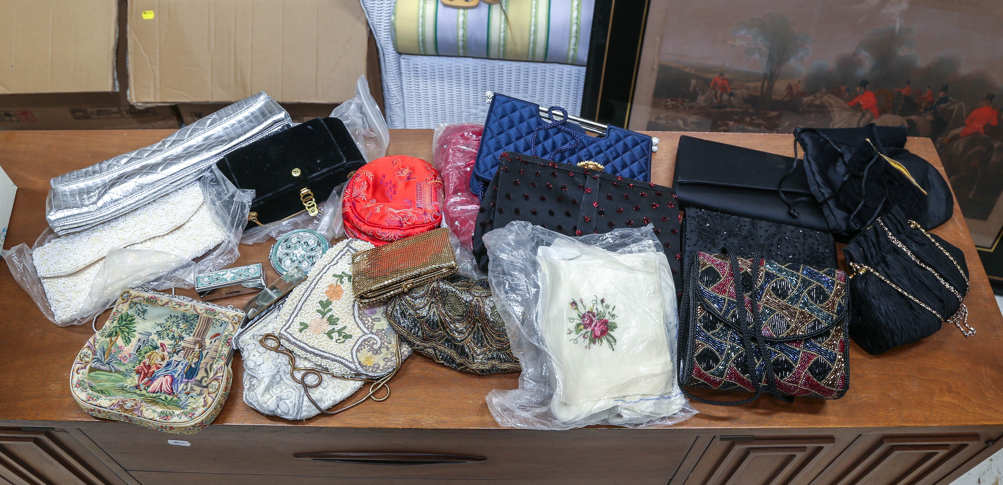 GROUP OF CLUTCHES, HANDBAGS, &