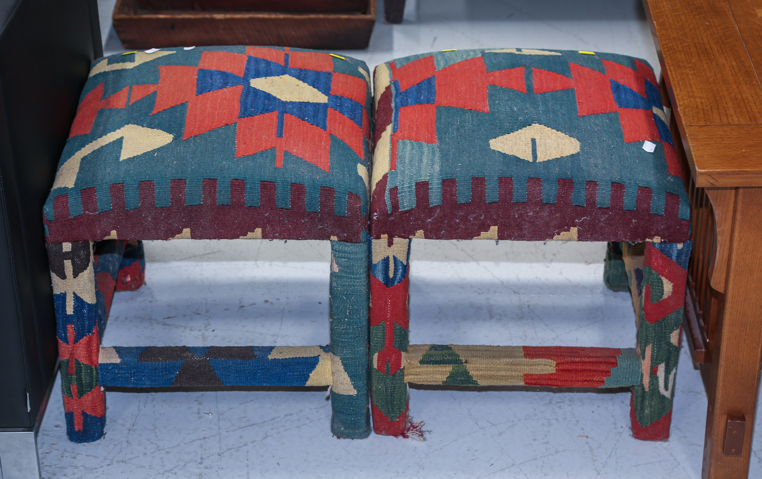 TWO STOOLS WITH TURKISH KILIM UPHOLSTERY