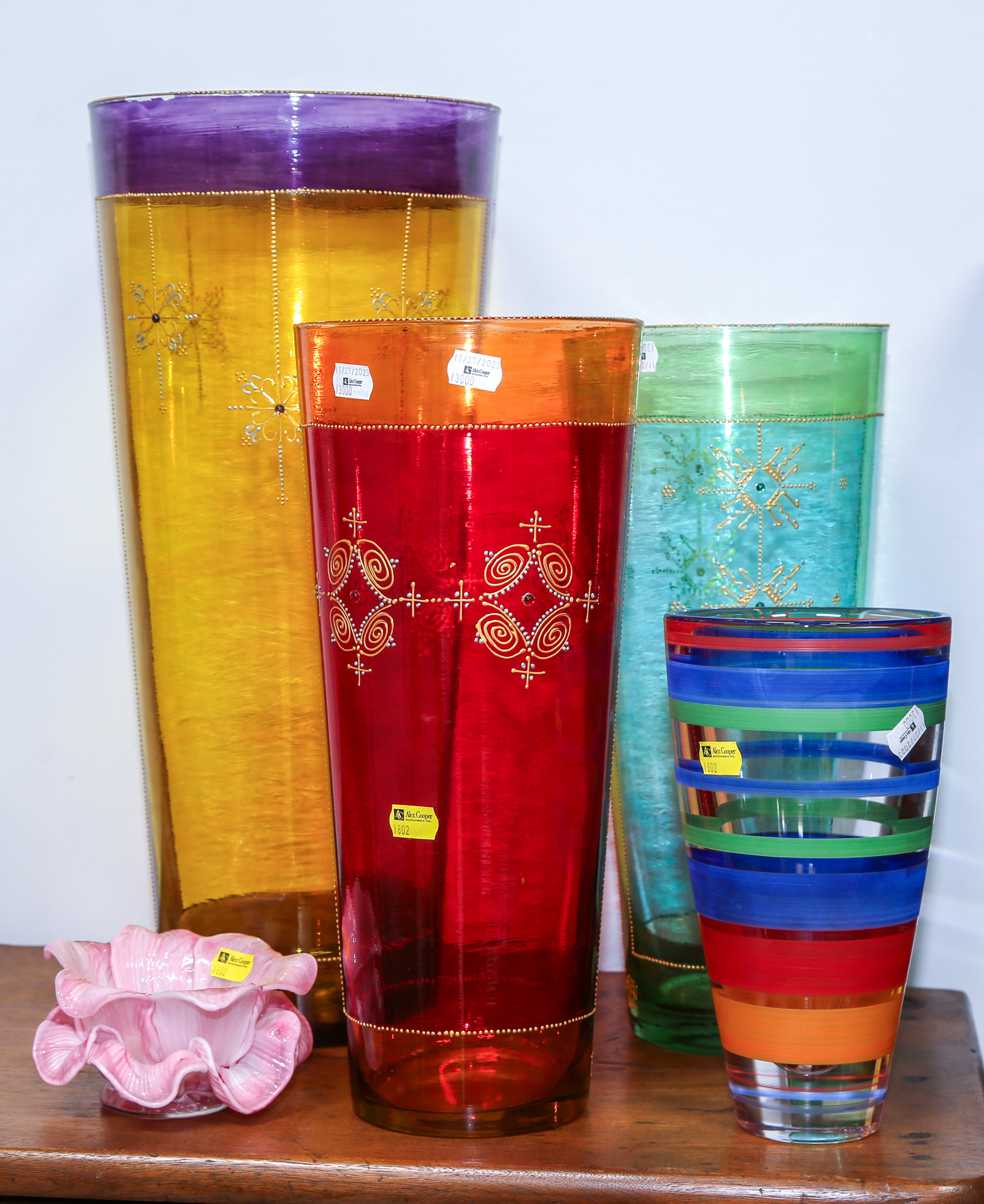 FOUR TALL ART GLASS VASE & MURANO GLASS