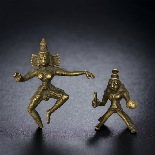 TWO ANTIQUE INDIAN BRASS DANCING PARVATI