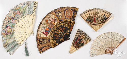 FIVE ANTIQUE HAND FANS, INCLUDING BONE