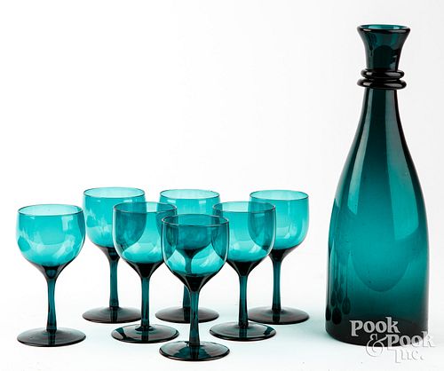 EMERALD GREEN DECANTER AND SEVEN