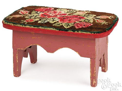 PAINTED PINE FOOTSTOOL, 19TH C.Painted