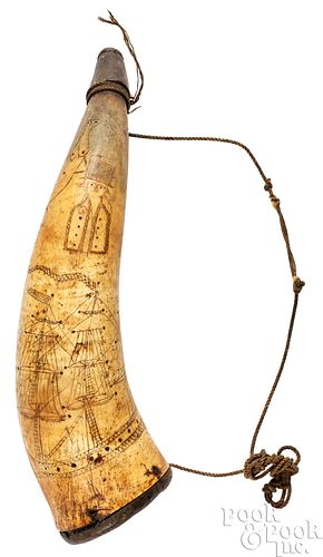 SCRIMSHAW POWDER HORN, 19TH C.Scrimshaw