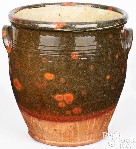 LARGE REDWARE CROCK, 19TH C.Large