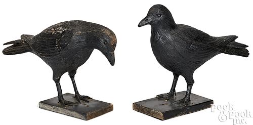 TWO CARVED AND PAINTED CROWS, MID