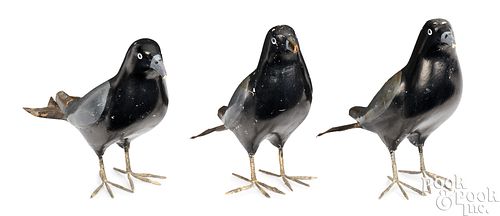 THREE PAINTED WOOD AND TIN CROWS,