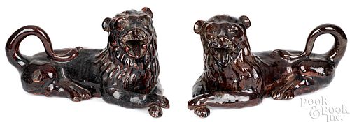 PAIR OF REDWARE RECUMBENT LIONS  3c9ca5