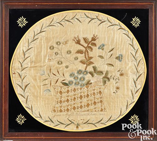 OVAL SILK NEEDLEWORK PICTURE, DATED