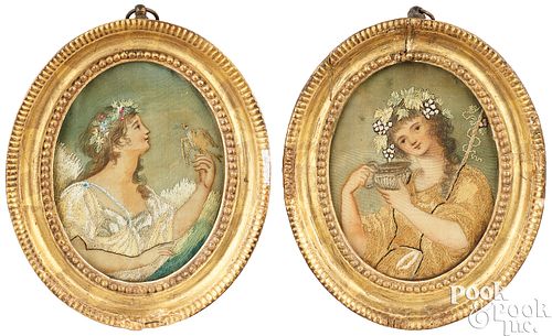 PAIR OF SMALL OVAL NEEDLEWORK PICTURES,