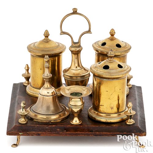 SPANISH MAHOGANY AND BRASS STANDISH,