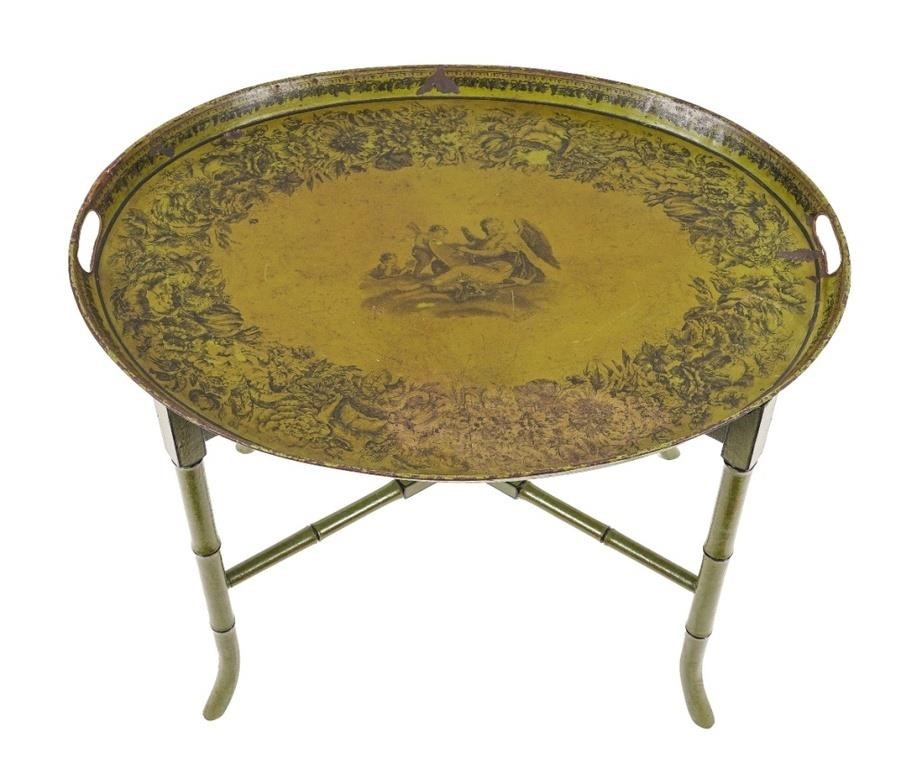 Oval tin green tray decorated with