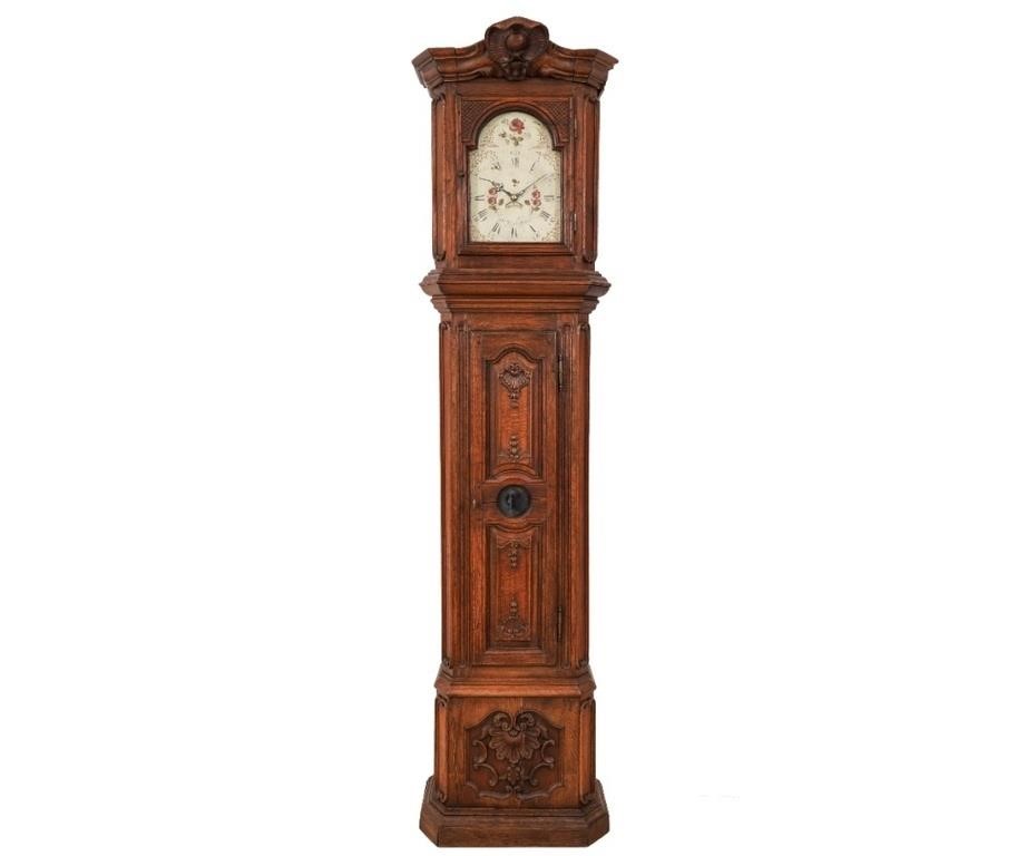 German carved oak tall case clock