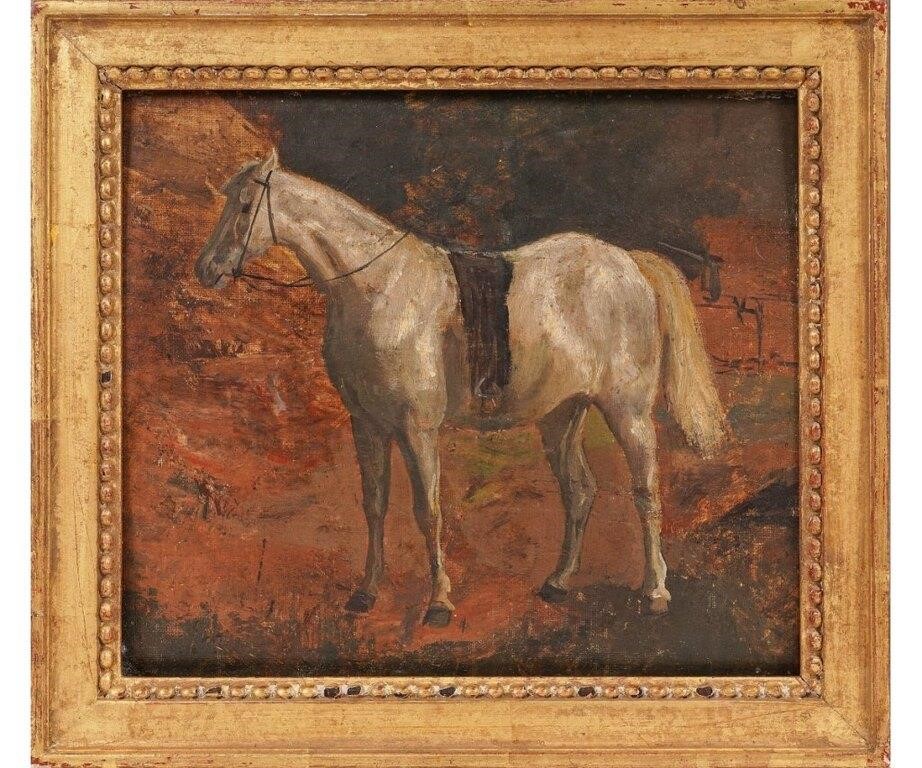 Oil on wood panel of a saddled
