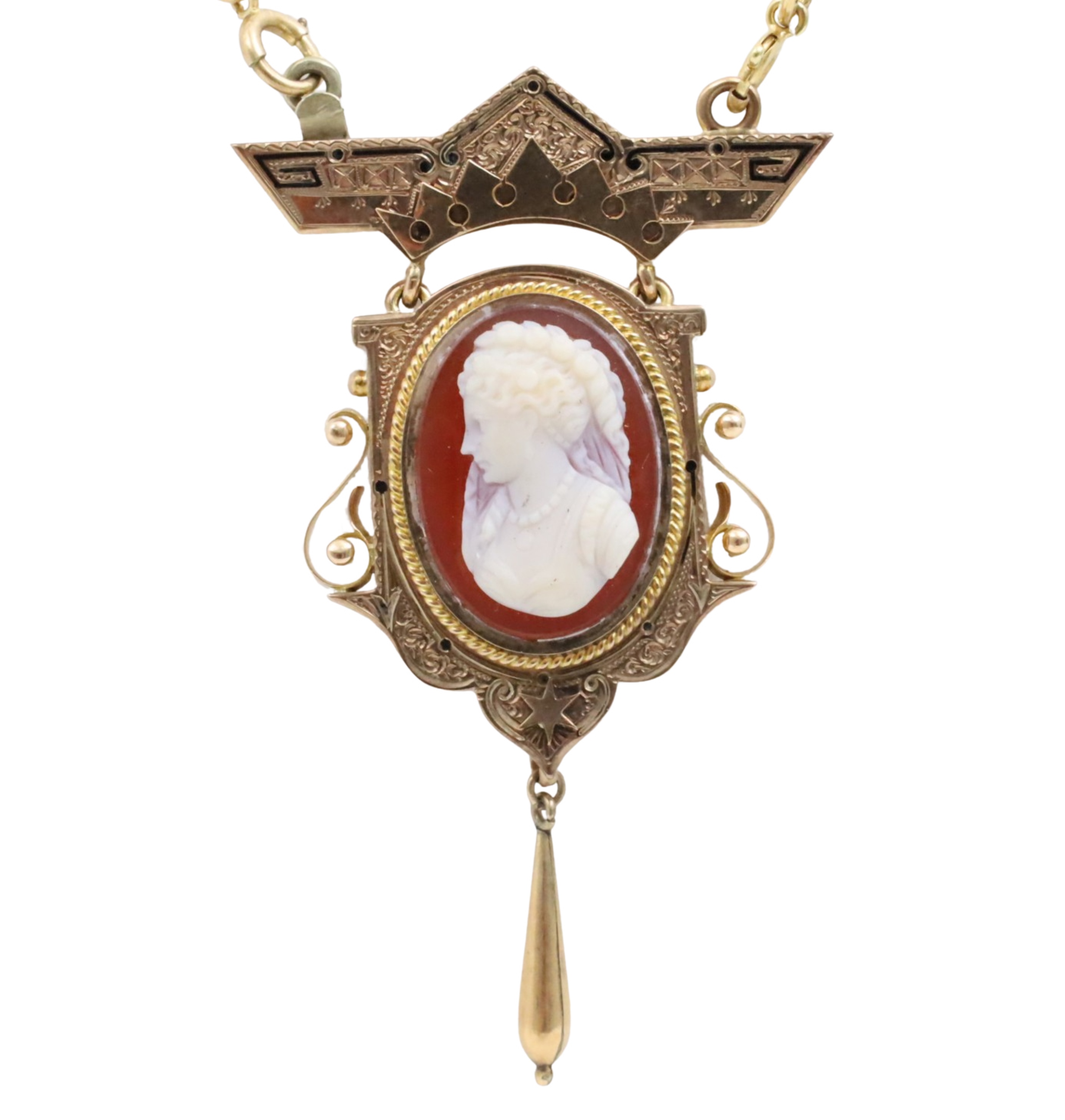 18K LINKED CHAIN W/ 14K CAMEO PENDANT