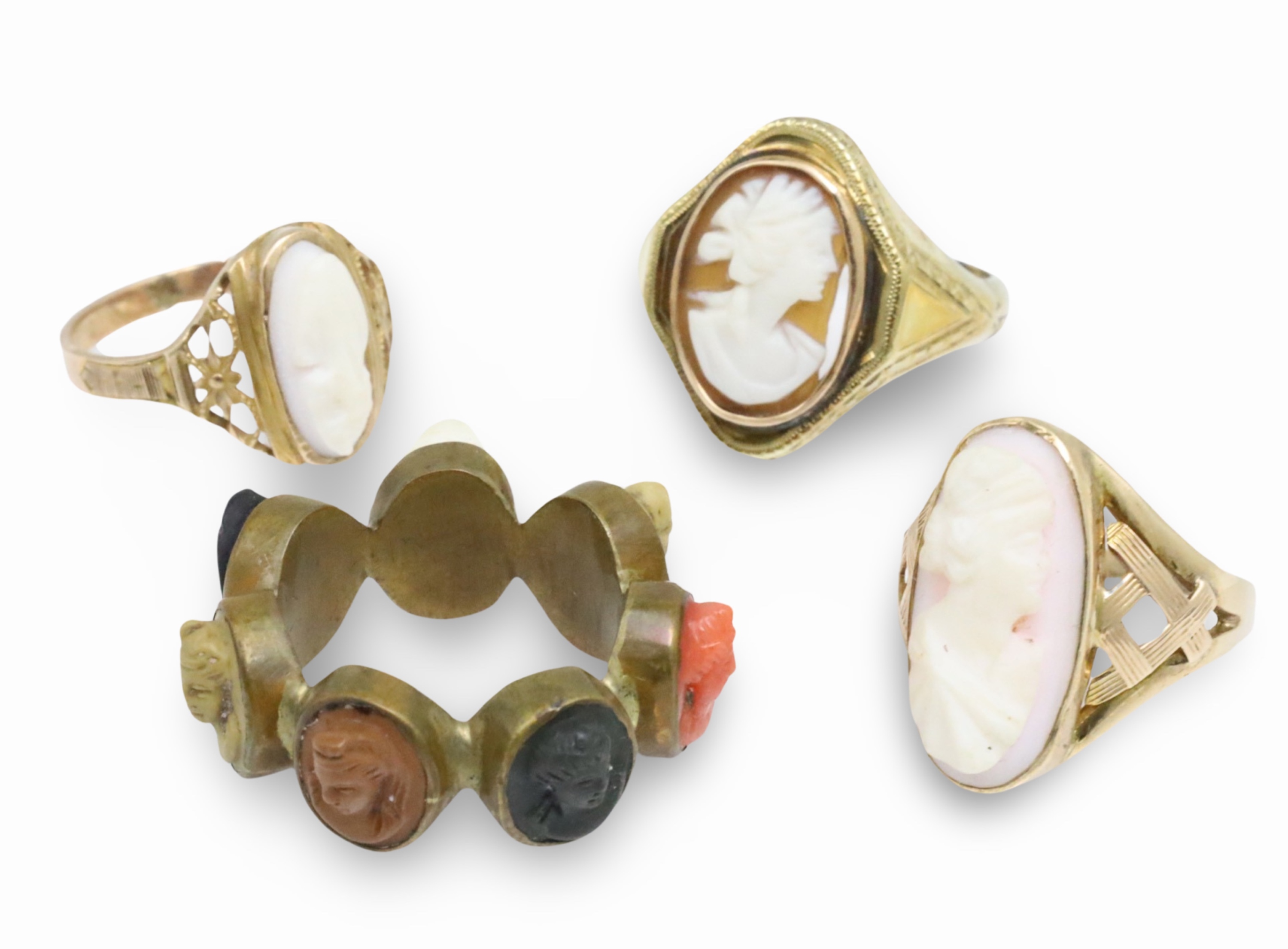 FOUR 10K YELLOW GOLD CAMEO RINGS 3ccb0e