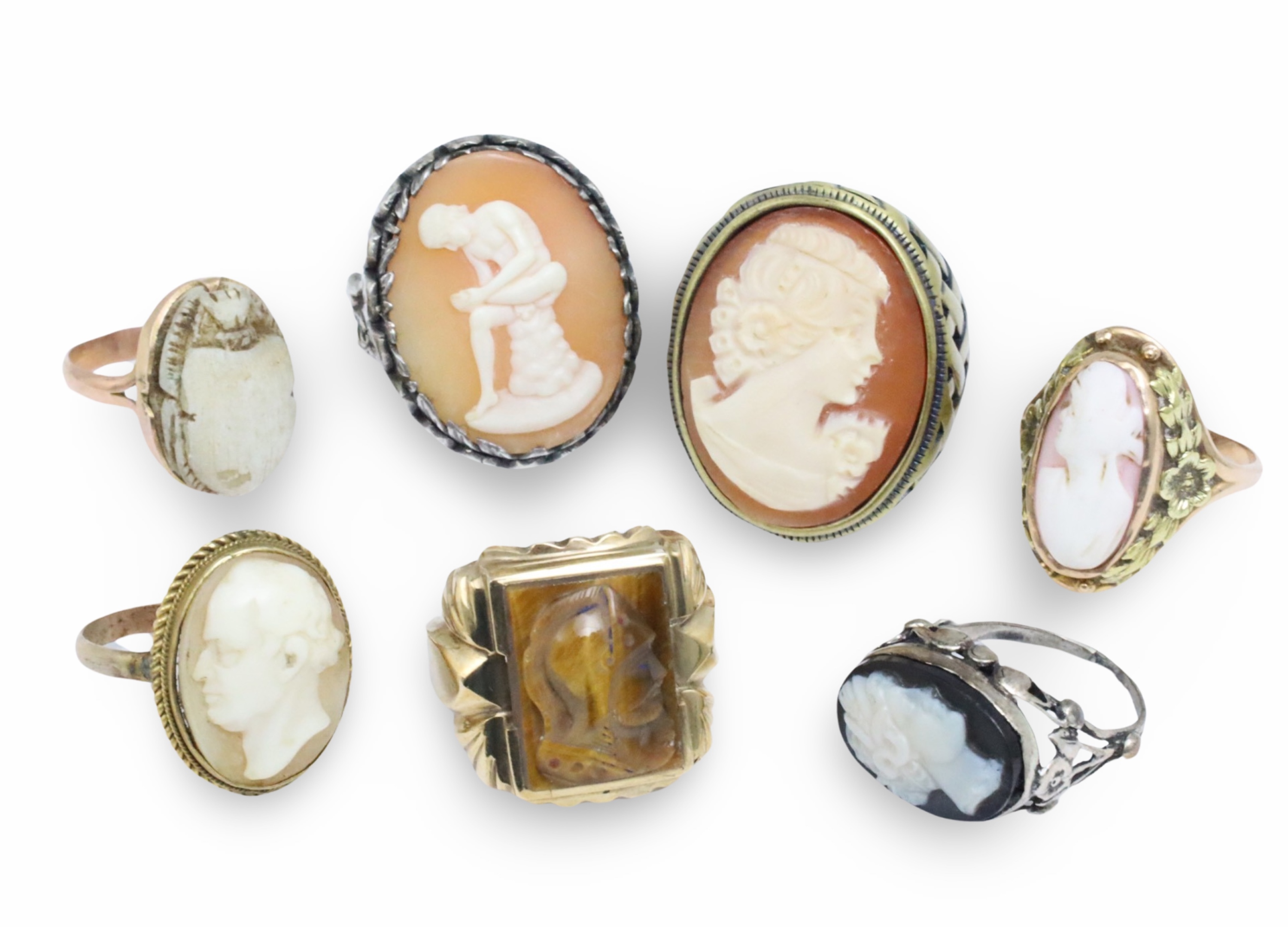 7 ANTIQUE CAMEO RINGS INCL. 14K