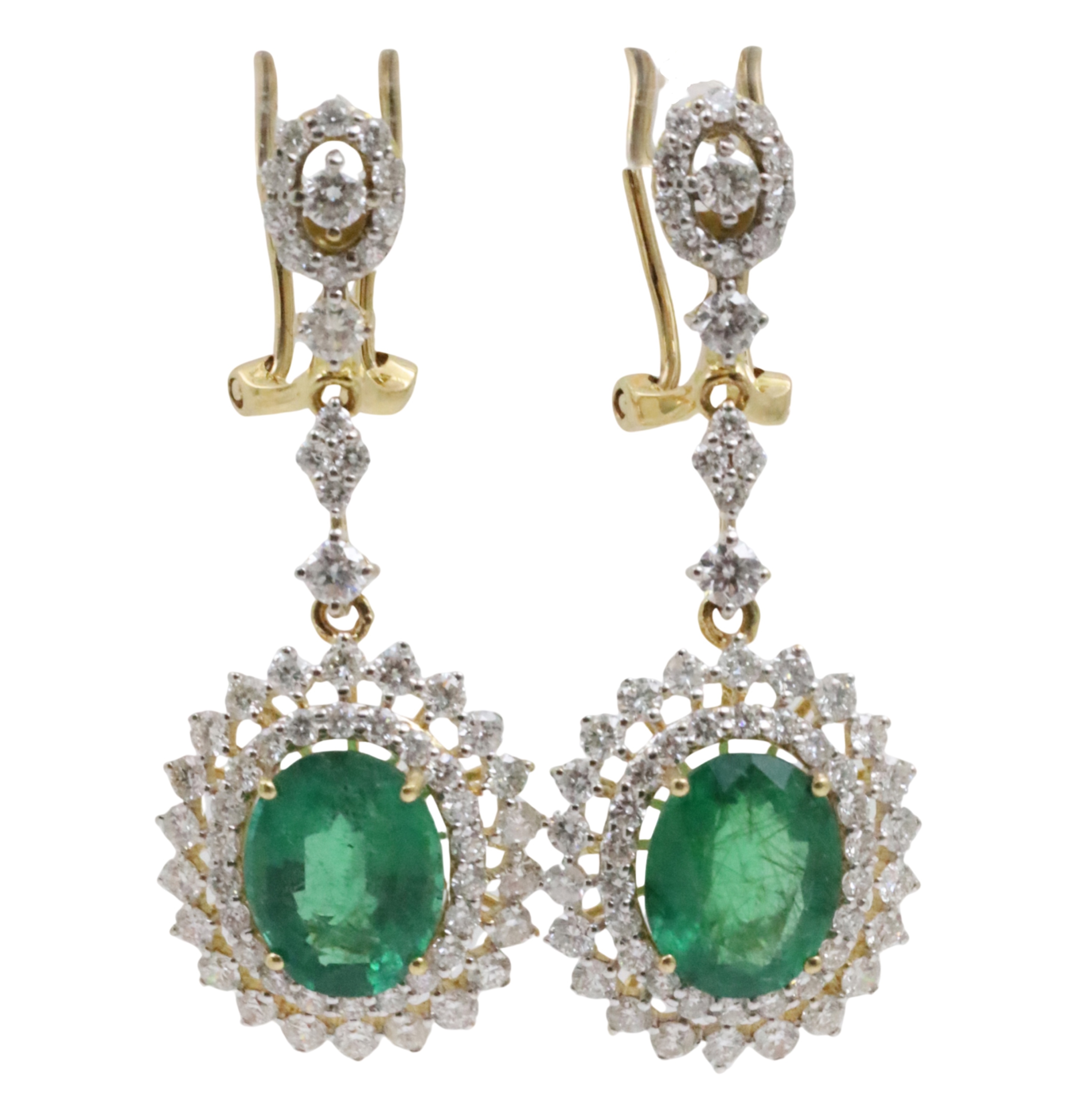 PR. OF 18K YG EMERALD & DIAMOND EARRINGS