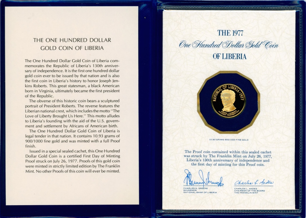 1977 LIBERIA 100 GOLD PROOF COIN 3ccbd0
