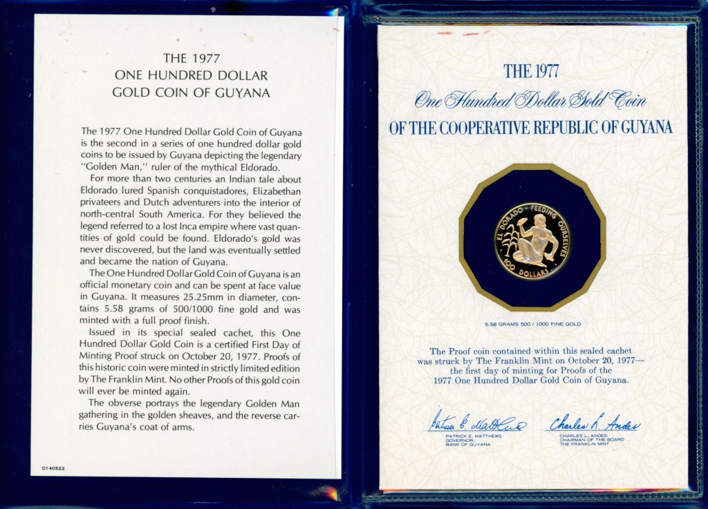 1977 GUYANA 100 GOLD PROOF COIN 3ccbd4