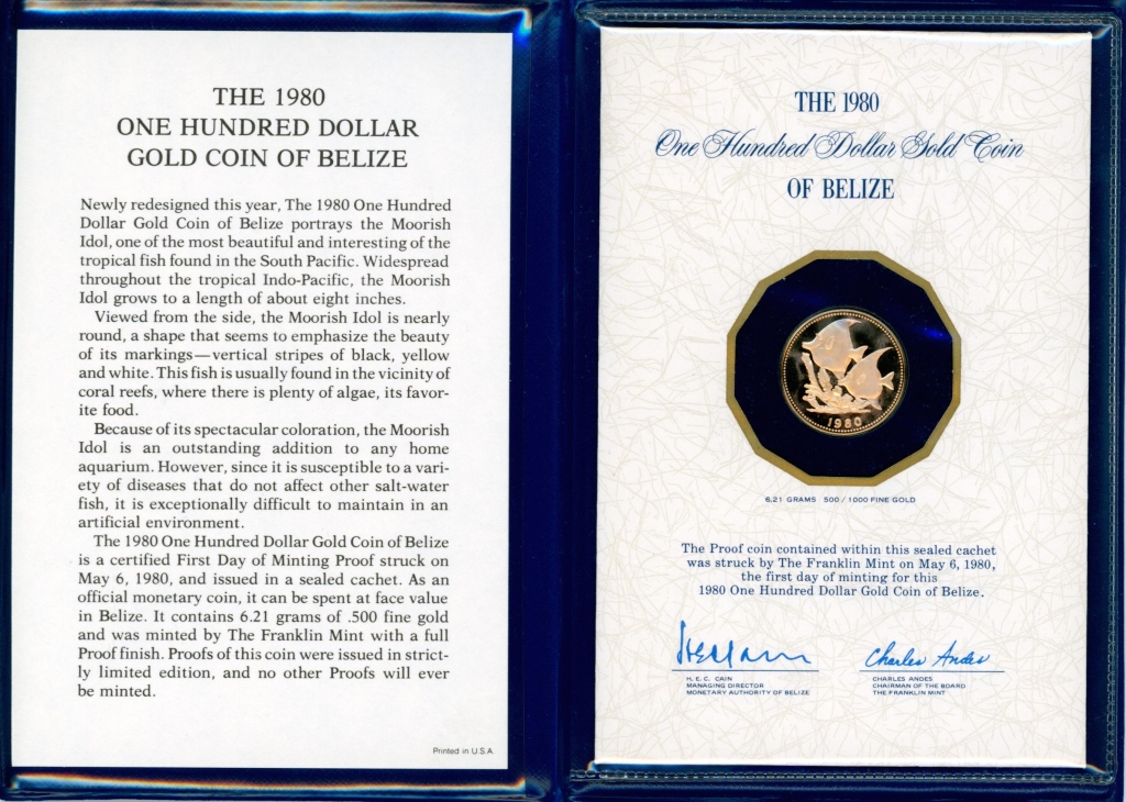 1980 BELIZE $100 GOLD PROOF COIN