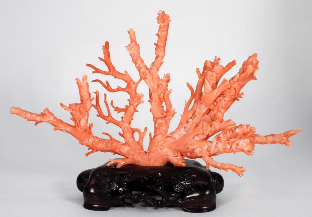 CHINESE CARVED CORAL BIRDS AVIAN SCULPTURE