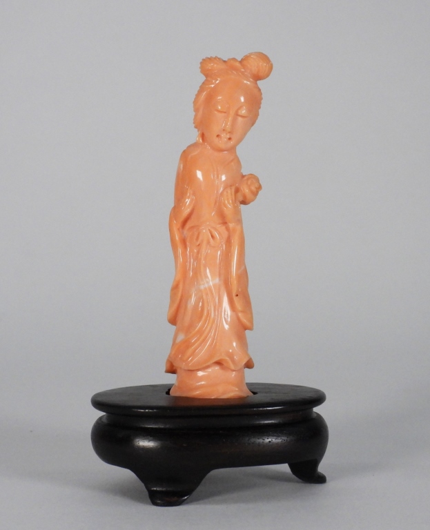 CHINESE CARVED CORAL GUANYIN FIGURE